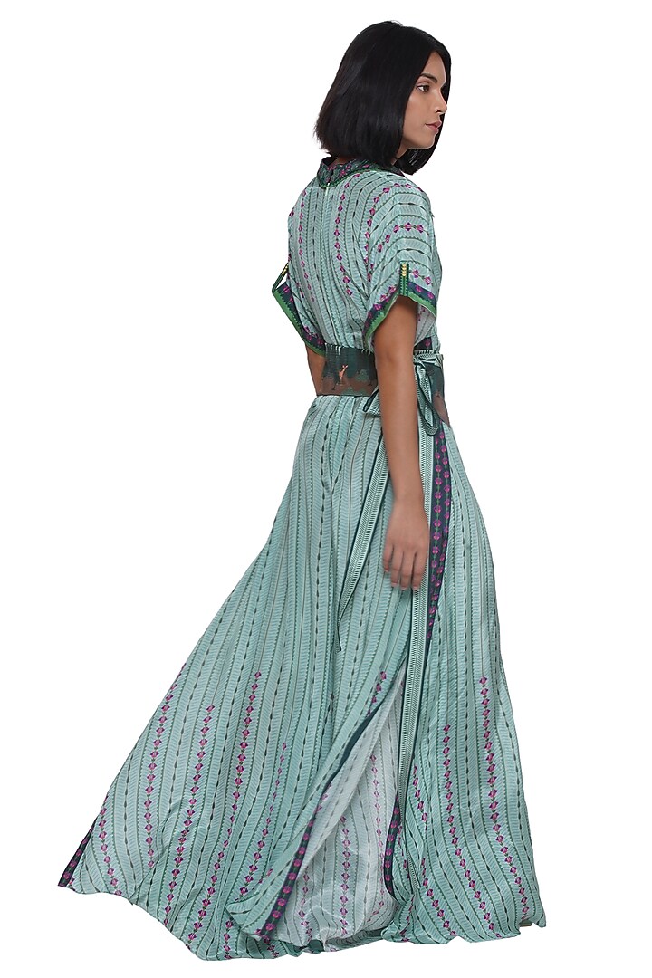 Green Crepe Printed & Embroidered Jumpsuit by Limerick By Abirr N' Nanki at Pernia's Pop Up Shop