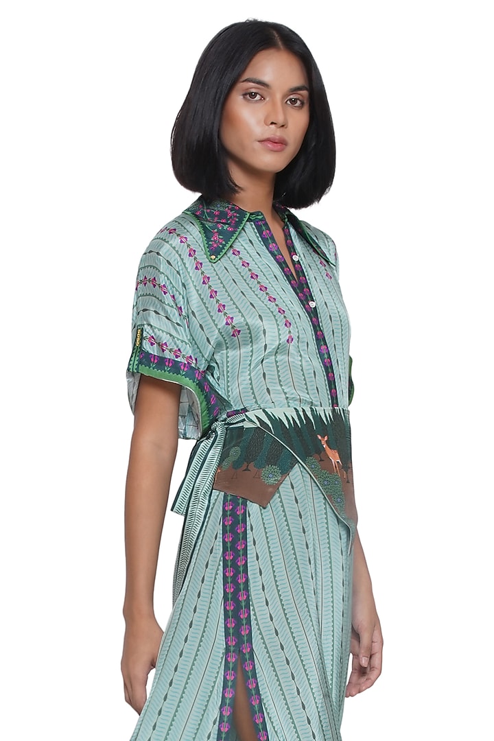 Green Crepe Printed & Embroidered Jumpsuit by Limerick By Abirr N' Nanki at Pernia's Pop Up Shop