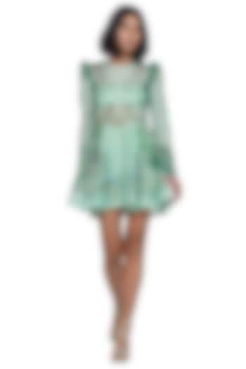 Green Textured Organza Printed Mini Dress by Limerick By Abirr N' Nanki at Pernia's Pop Up Shop