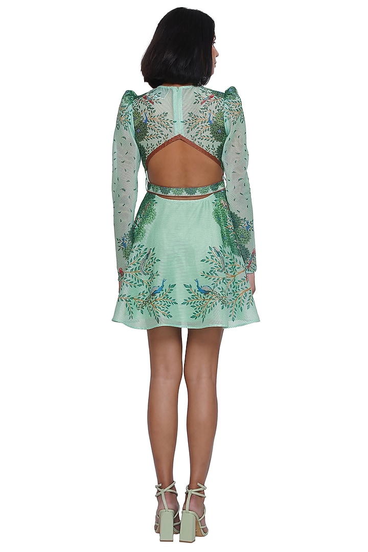 Green Textured Organza Printed Mini Vacation Dress by Limerick By Abirr N' Nanki at Pernia's Pop Up Shop