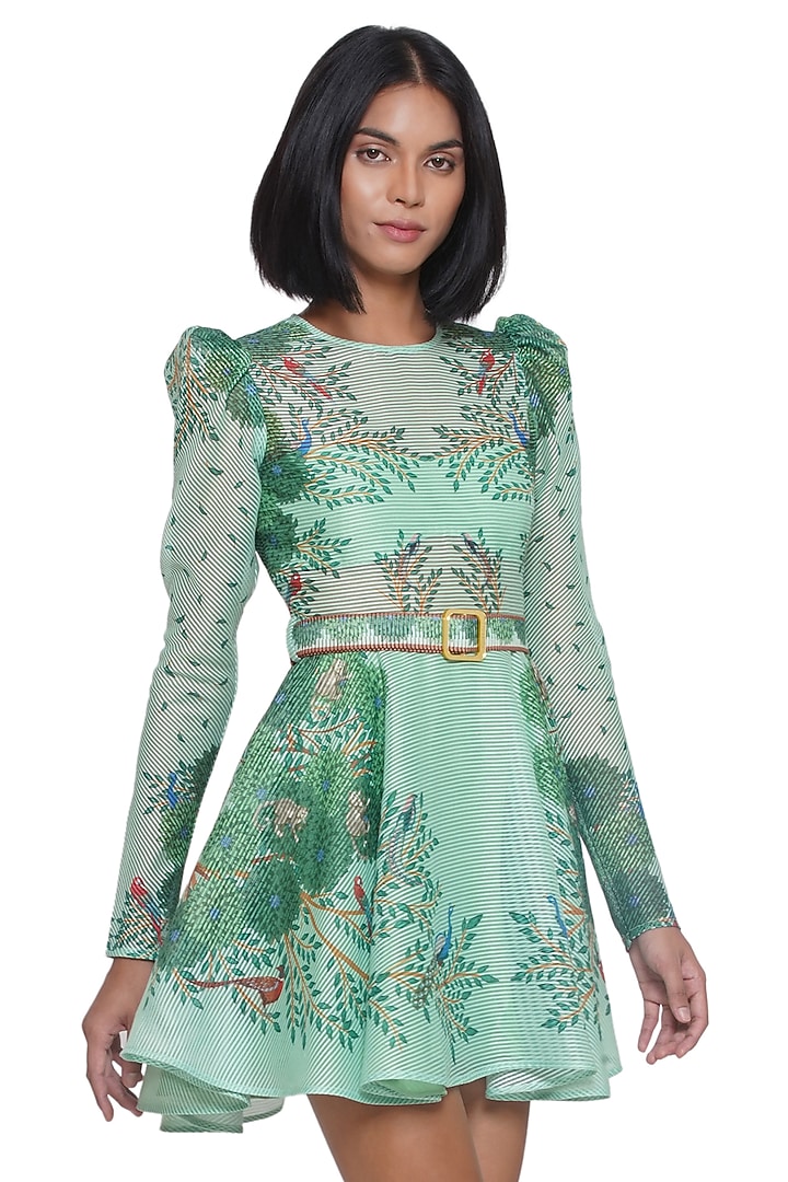 Green Textured Organza Printed Mini Vacation Dress by Limerick By Abirr N' Nanki at Pernia's Pop Up Shop