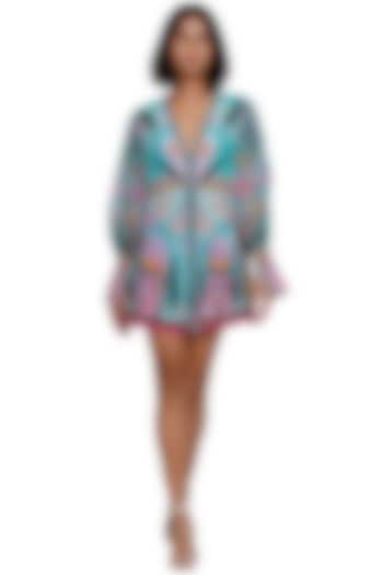 Blue Crepe Printed Mini Summer Shirt Dress by Limerick By Abirr N' Nanki at Pernia's Pop Up Shop