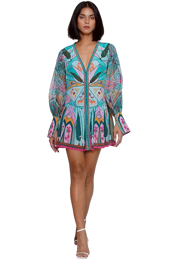 Blue Crepe Printed Mini Summer Shirt Dress by Limerick By Abirr N' Nanki at Pernia's Pop Up Shop
