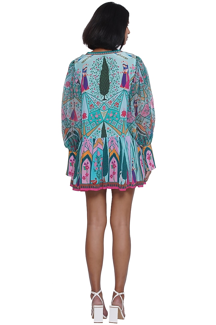 Blue Crepe Printed Mini Summer Shirt Dress by Limerick By Abirr N' Nanki at Pernia's Pop Up Shop