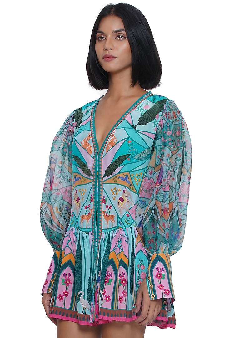 Blue Crepe Printed Mini Summer Shirt Dress by Limerick By Abirr N' Nanki at Pernia's Pop Up Shop