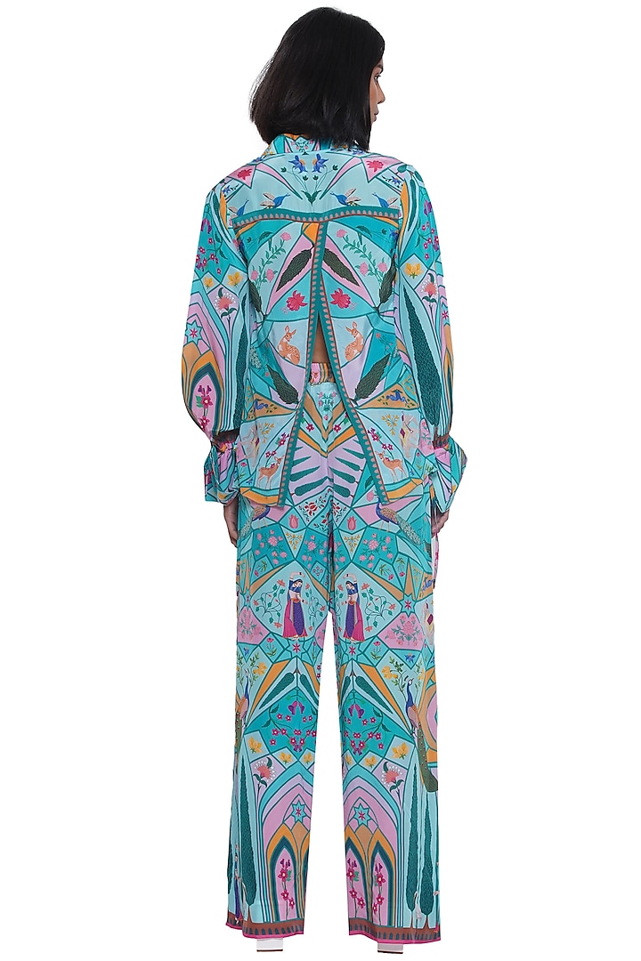 Blue Crepe Printed & Embroidered Shirt by Limerick By Abirr N' Nanki at Pernia's Pop Up Shop