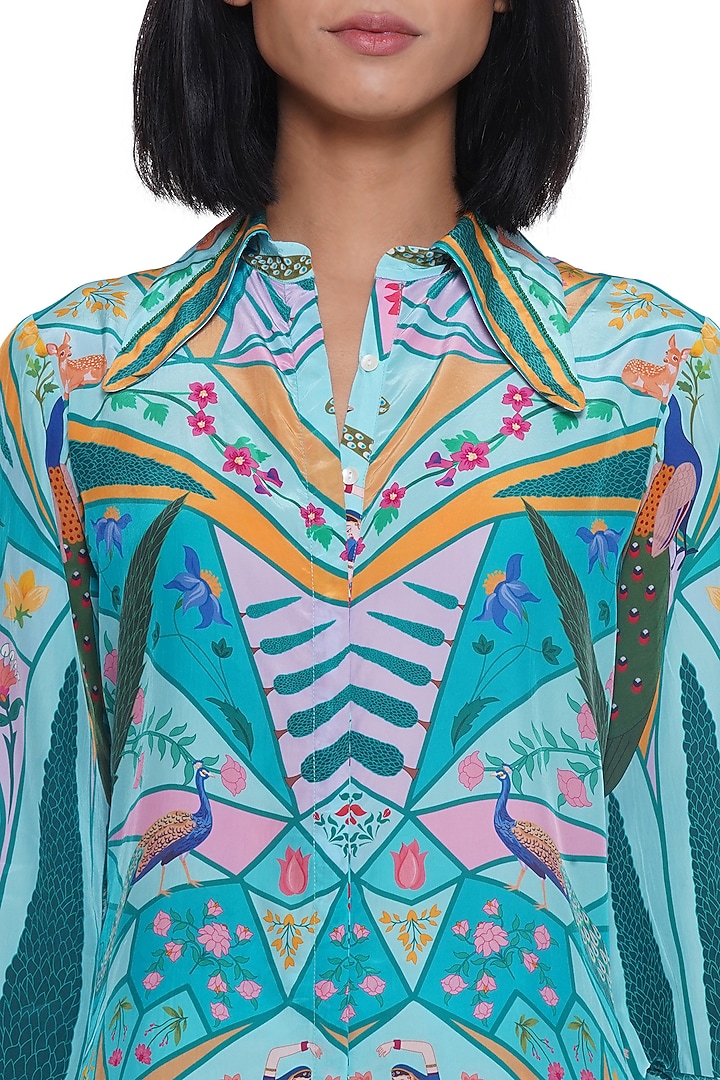 Blue Crepe Printed & Embroidered Shirt by Limerick By Abirr N' Nanki at Pernia's Pop Up Shop