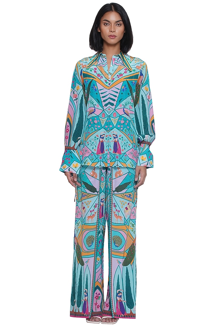 Blue Crepe Printed & Embroidered Shirt by Limerick By Abirr N' Nanki at Pernia's Pop Up Shop