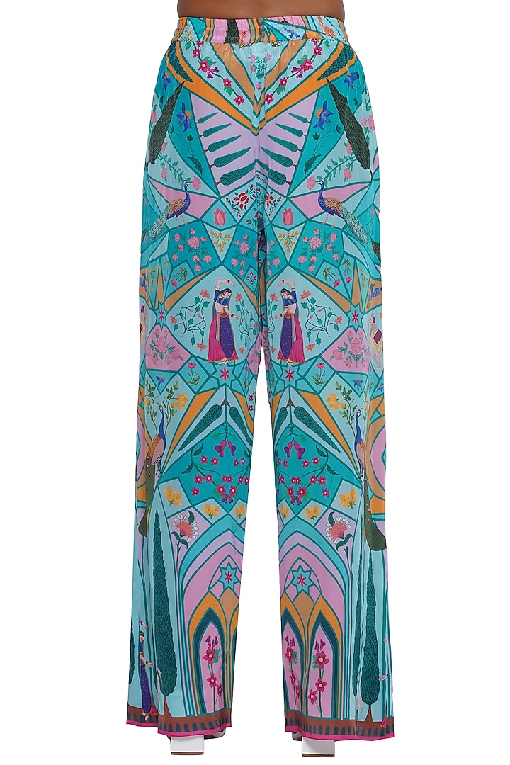 Blue Crepe Printed Pants by Limerick By Abirr N' Nanki at Pernia's Pop Up Shop
