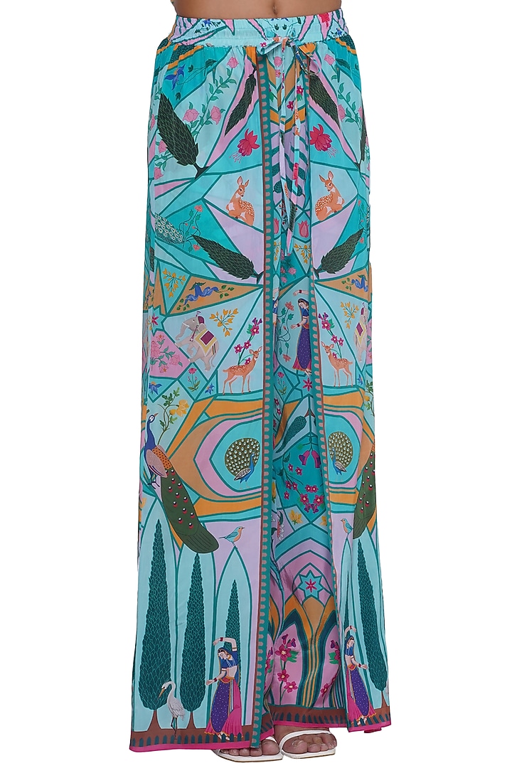 Blue Crepe Printed Pants by Limerick By Abirr N' Nanki at Pernia's Pop Up Shop