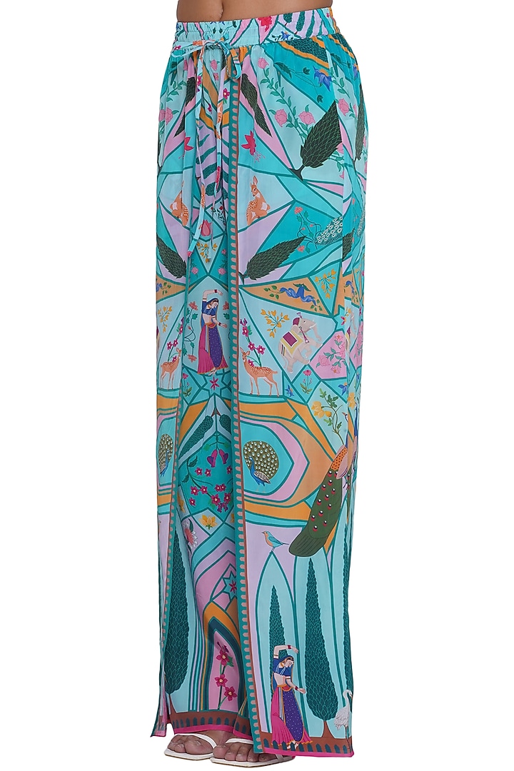 Blue Crepe Printed Pants by Limerick By Abirr N' Nanki at Pernia's Pop Up Shop