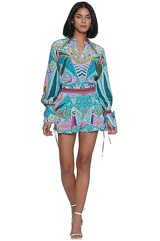 Blue Crepe Printed Shorts by Limerick By Abirr N' Nanki