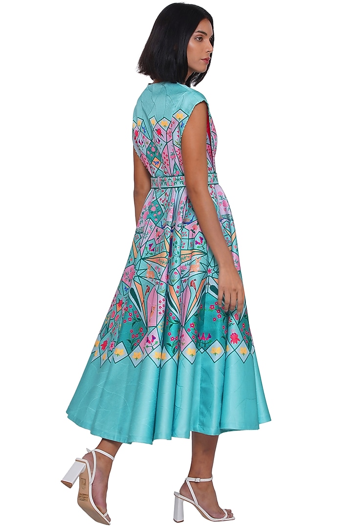 Blue Textured Satin Printed Midi Vacation Dress by Limerick By Abirr N' Nanki at Pernia's Pop Up Shop