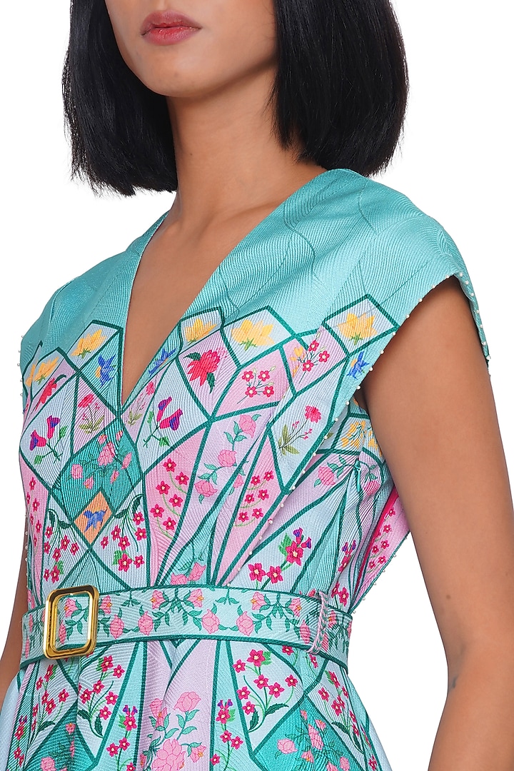 Blue Textured Satin Printed Midi Vacation Dress by Limerick By Abirr N' Nanki at Pernia's Pop Up Shop