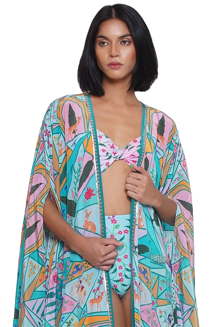Blue Crepe Printed & Embroidered Cape by Limerick By Abirr N' Nanki at Pernia's Pop Up Shop