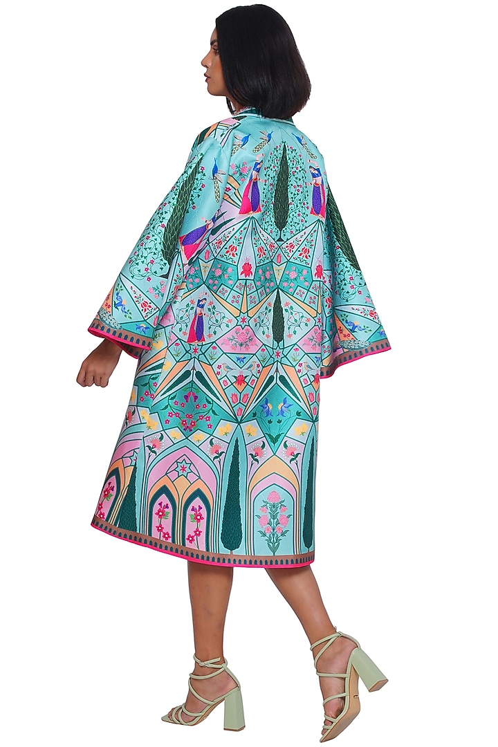 Blue Textured Satin Printed Jacket by Limerick By Abirr N' Nanki at Pernia's Pop Up Shop