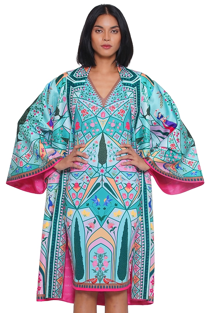 Blue Textured Satin Printed Jacket by Limerick By Abirr N' Nanki at Pernia's Pop Up Shop