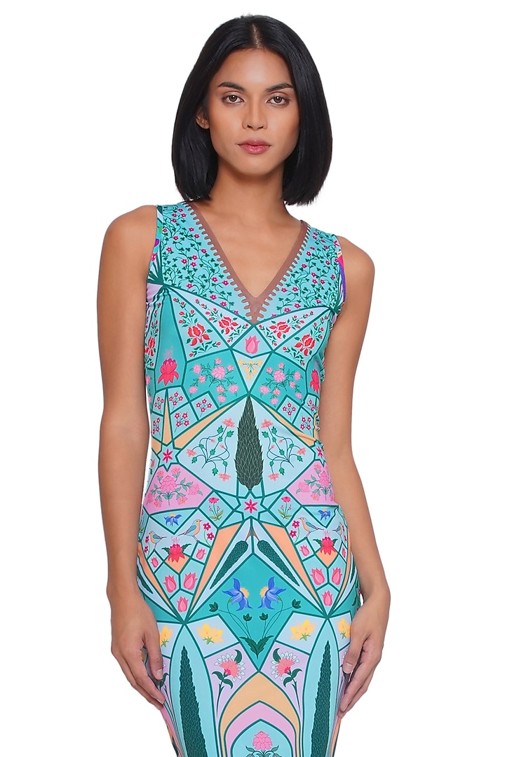 Blue Polyester Spandex Printed Knee-Length Summer Dress by Limerick By Abirr N' Nanki at Pernia's Pop Up Shop