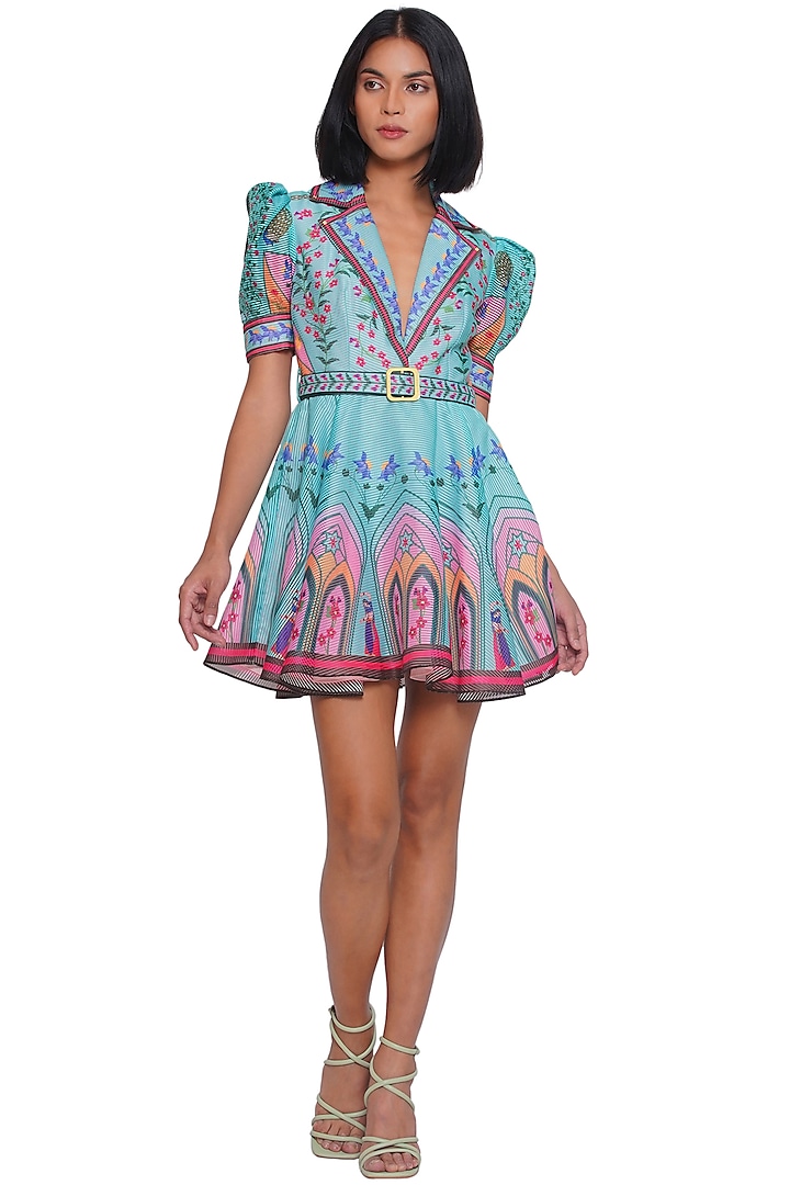 Blue Textured Organza Embroidered & Printed Mini Dress by Limerick By Abirr N' Nanki at Pernia's Pop Up Shop