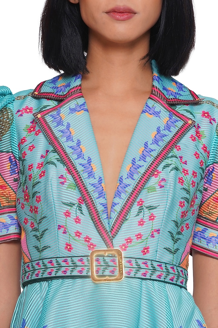 Blue Textured Organza Embroidered & Printed Mini Vacation Dress by Limerick By Abirr N' Nanki at Pernia's Pop Up Shop
