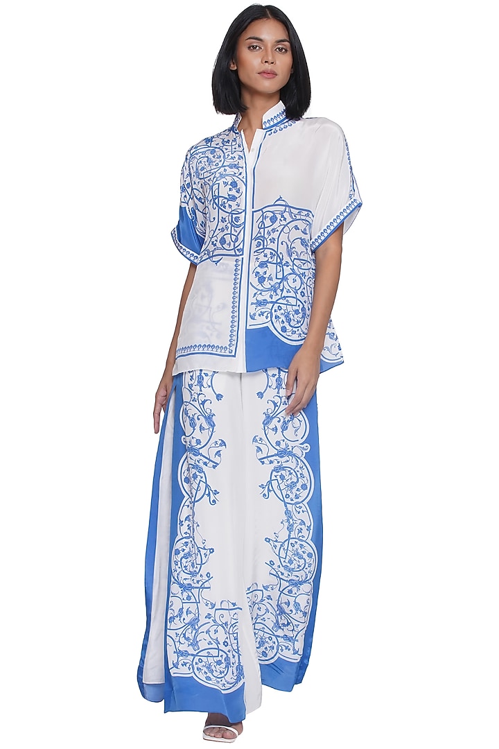 Blue & White Crepe Printed Shirt by Limerick By Abirr N' Nanki at Pernia's Pop Up Shop