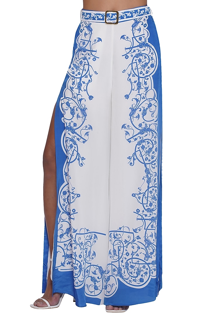 Blue & White Crepe Printed Pants by Limerick By Abirr N' Nanki at Pernia's Pop Up Shop