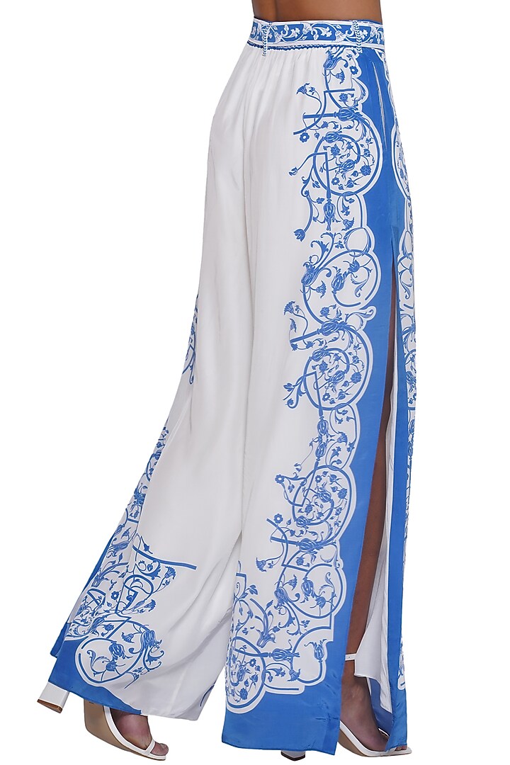 Blue & White Crepe Printed Pants by Limerick By Abirr N' Nanki at Pernia's Pop Up Shop