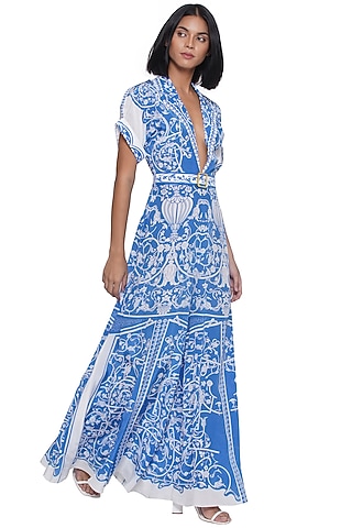 Blue & White Crepe Printed Jumpsuit by Limerick By Abirr N' Nanki