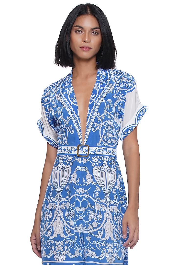 Blue & White Crepe Printed Jumpsuit by Limerick By Abirr N' Nanki at Pernia's Pop Up Shop