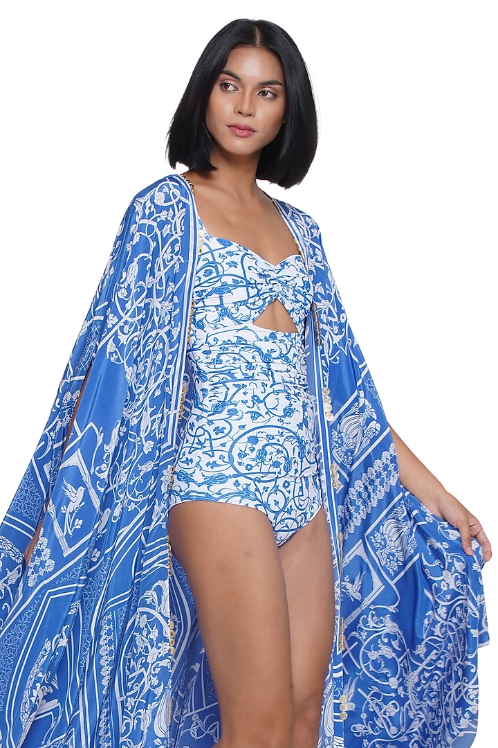 Blue Crepe Printed & Embroidered Cape by Limerick By Abirr N' Nanki at Pernia's Pop Up Shop