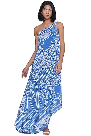 Blue Crepe Printed One-Shoulder Maxi Dress by Limerick By Abirr N' Nanki