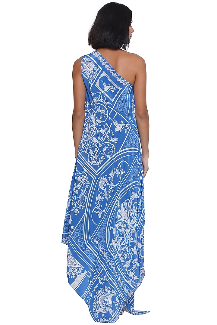 Blue Crepe Printed One-Shoulder Maxi Summer Dress by Limerick By Abirr N' Nanki at Pernia's Pop Up Shop