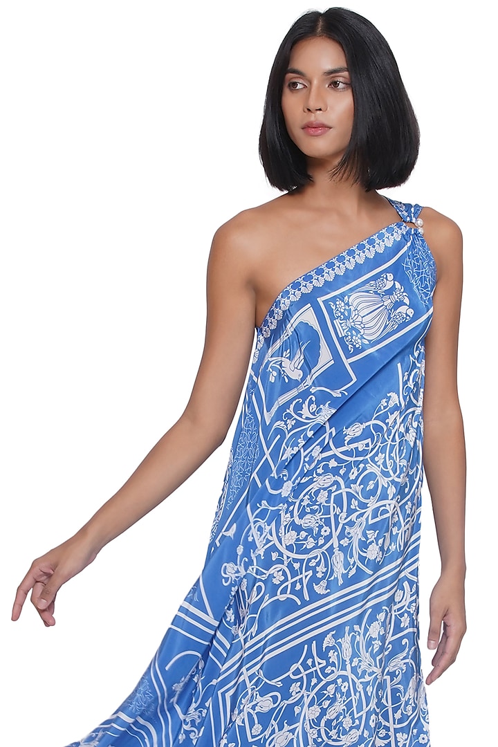 Blue Crepe Printed One-Shoulder Maxi Summer Dress by Limerick By Abirr N' Nanki at Pernia's Pop Up Shop