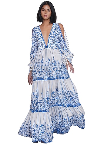 White & Blue Crepe Printed Maxi Dress by Limerick By Abirr N' Nanki