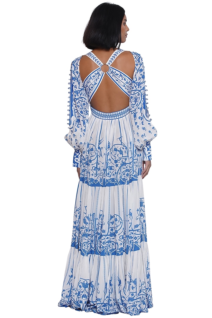 White & Blue Crepe Printed Maxi Vacation Dress by Limerick By Abirr N' Nanki at Pernia's Pop Up Shop