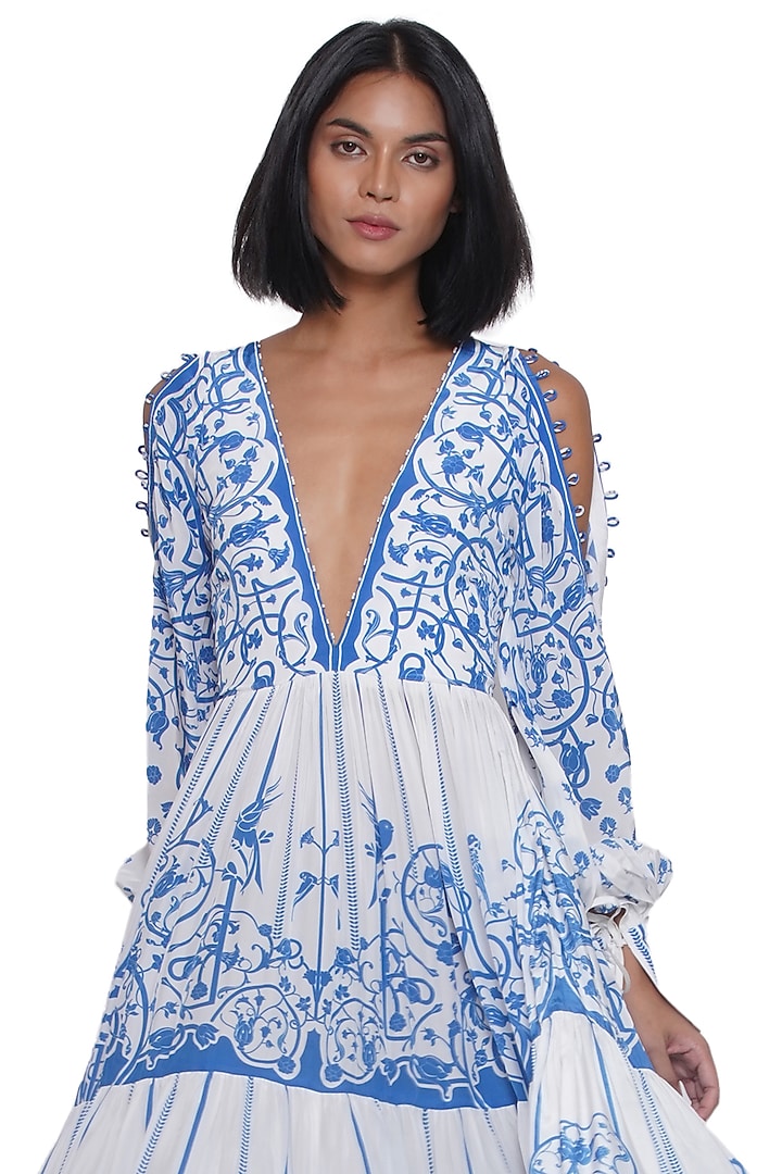 White & Blue Crepe Printed Maxi Vacation Dress by Limerick By Abirr N' Nanki at Pernia's Pop Up Shop