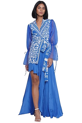 Blue Crepe Printed Asymmetrical Jacket Dress by Limerick By Abirr N' Nanki