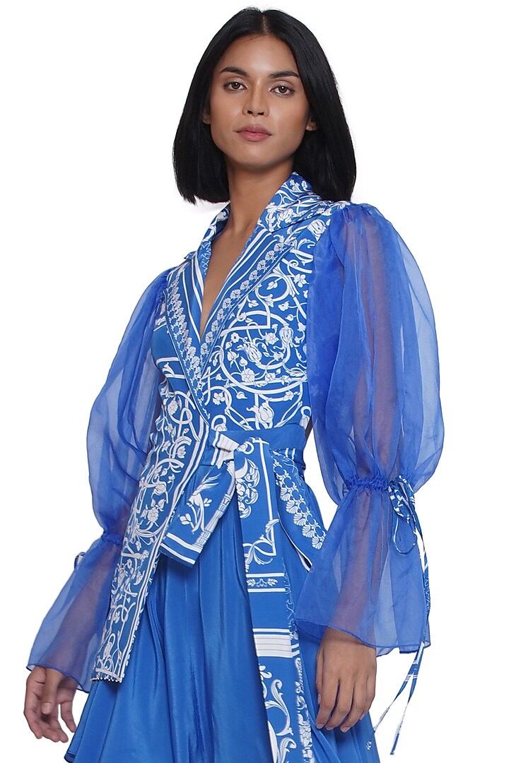 Blue Crepe Printed Asymmetrical Jacket Vacation Dress by Limerick By Abirr N' Nanki at Pernia's Pop Up Shop