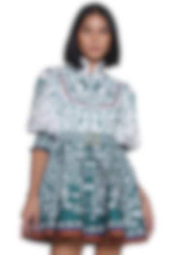 White & Green Satin Printed Mini Dress by Limerick By Abirr N' Nanki at Pernia's Pop Up Shop