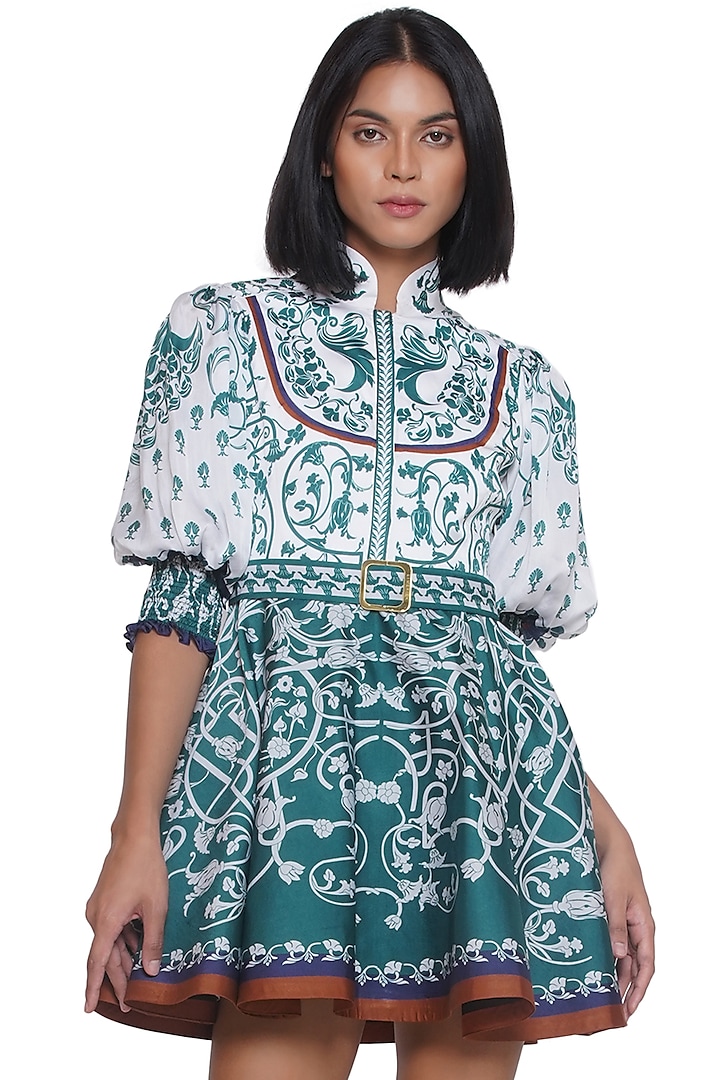 White & Green Satin Printed Mini Dress by Limerick By Abirr N' Nanki at Pernia's Pop Up Shop