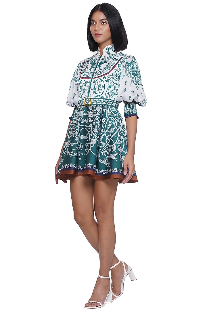 White & Green Satin Printed Mini Vacation Dress by Limerick By Abirr N' Nanki at Pernia's Pop Up Shop
