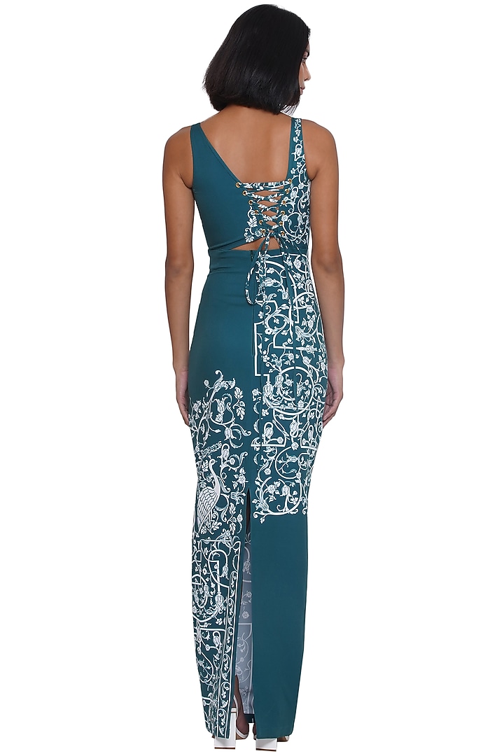 Green & White Brushed Crepe Printed Maxi Vacation Dress by Limerick By Abirr N' Nanki at Pernia's Pop Up Shop