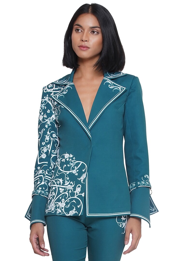 Green & White Brushed Crepe Printed Jacket by Limerick By Abirr N' Nanki at Pernia's Pop Up Shop