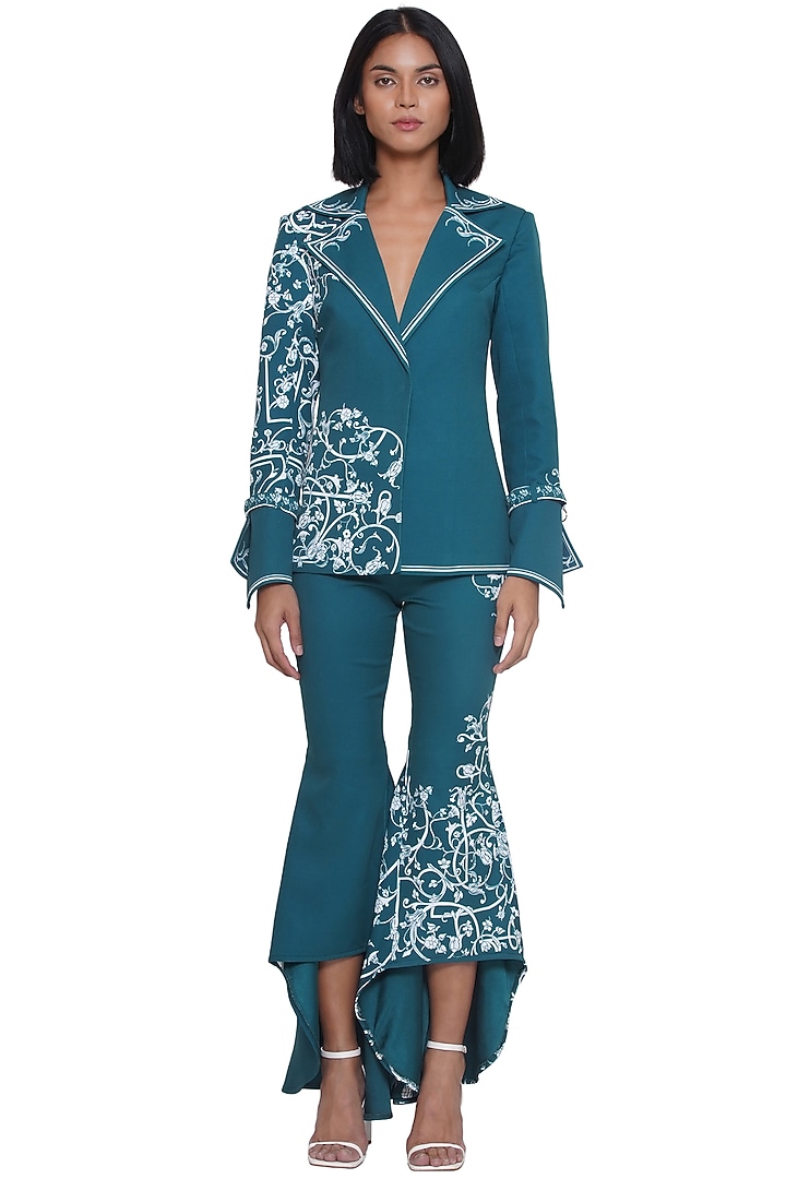 Green & White Brushed Crepe Printed Jacket by Limerick By Abirr N' Nanki at Pernia's Pop Up Shop