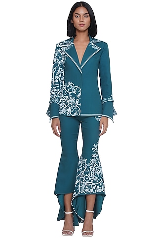 Green Crepe Printed Asymmetrical Bell Bottom Pants by Limerick By Abirr N' Nanki