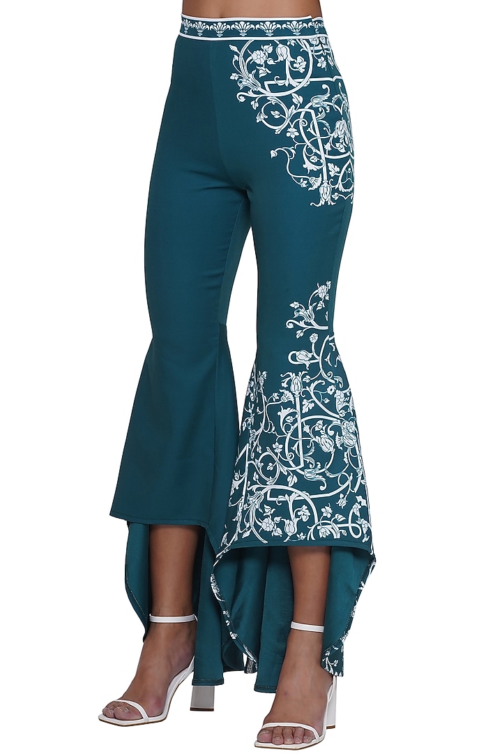 Green Crepe Printed Asymmetrical Bell Bottom Pants by Limerick By Abirr N' Nanki at Pernia's Pop Up Shop