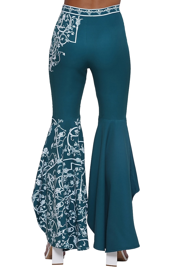 Green Crepe Printed Asymmetrical Bell Bottom Pants by Limerick By Abirr N' Nanki at Pernia's Pop Up Shop