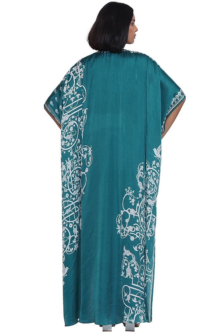 Green & White Satin Printed Kaftan by Limerick By Abirr N' Nanki at Pernia's Pop Up Shop