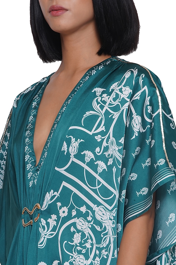 Green & White Satin Printed Kaftan by Limerick By Abirr N' Nanki at Pernia's Pop Up Shop