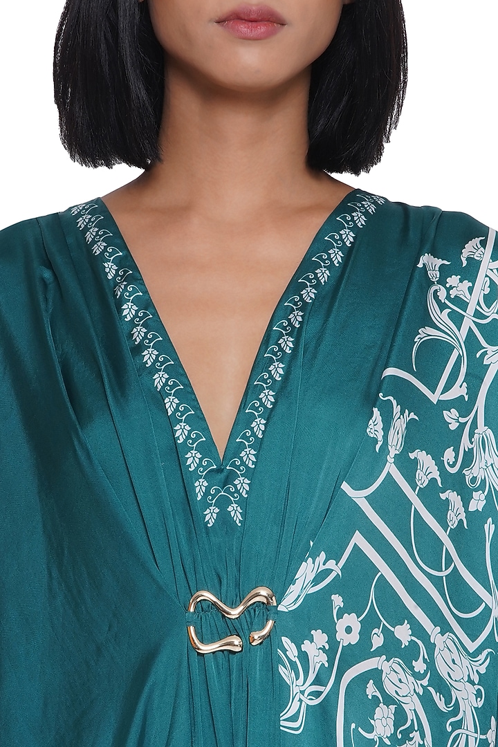 Green & White Satin Printed Kaftan by Limerick By Abirr N' Nanki at Pernia's Pop Up Shop